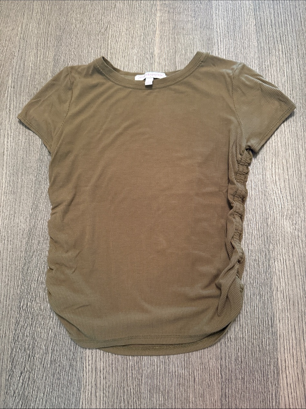Girls' Olive Short Sleeve Ribbed Tee with Side Ruching